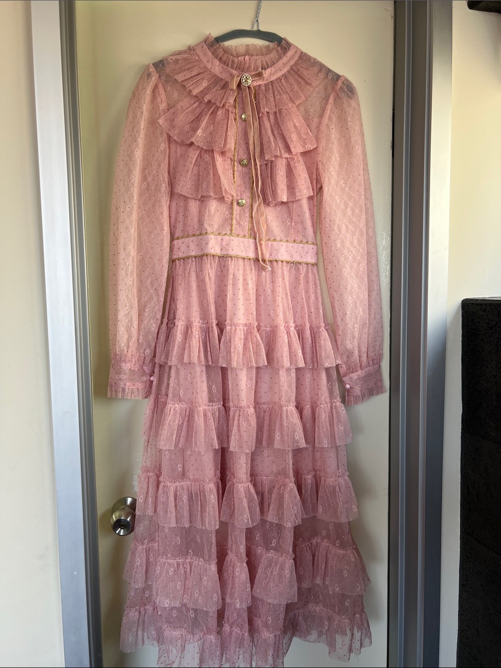 Women’s Pink Ruffle Tiered Lace Dress